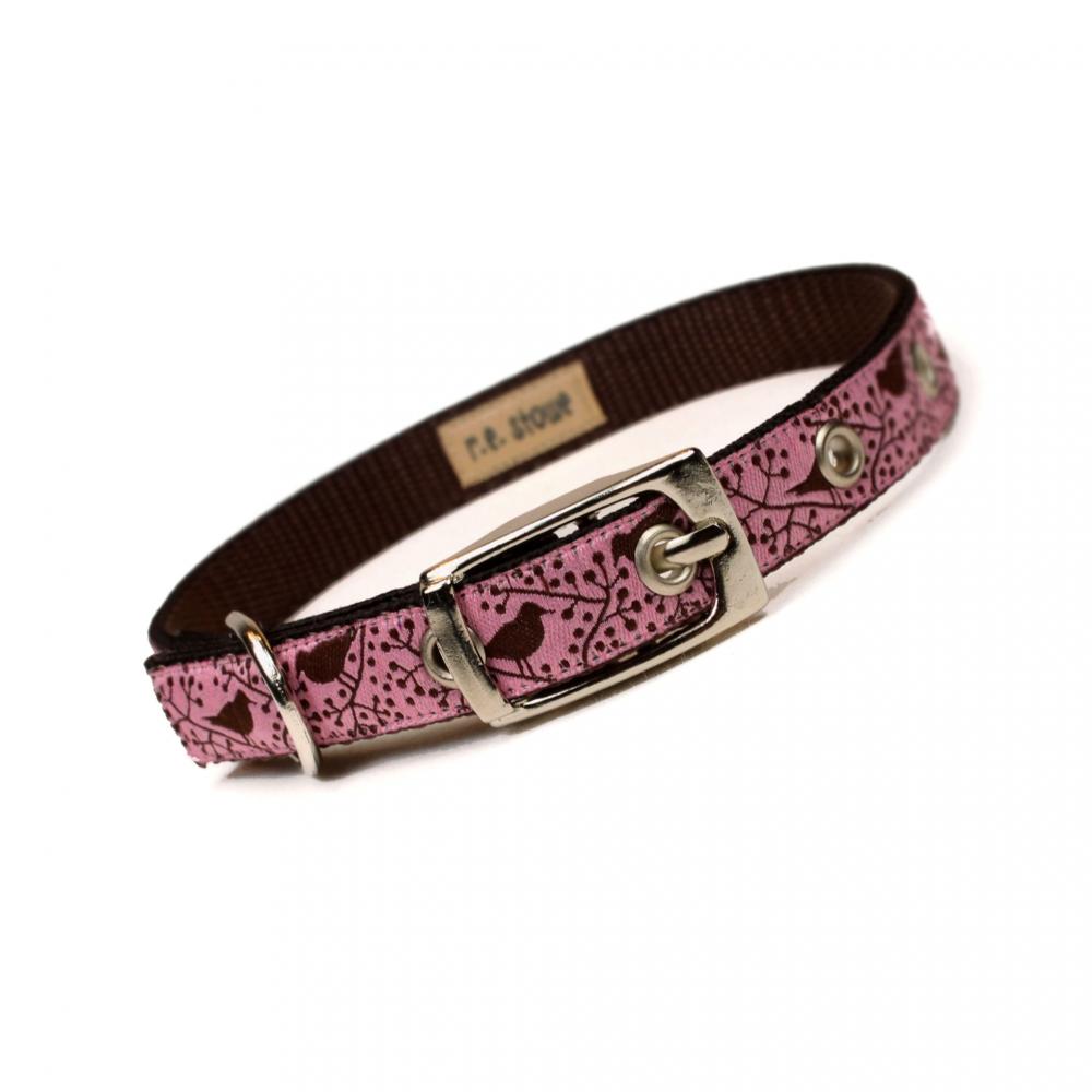 pink and brown modern birds metal buckle dog or cat collar (1/2 inch)